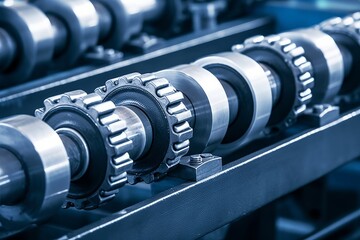 Gear chain drive shaft in conveyor belt is on production line. Timing chain of car, tensioners in engine. Industrial roller chain, technology. Team work, business industrial, Generative AI - obrazy, fototapety, plakaty