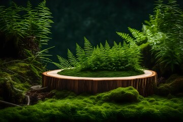 Green foliage and a wooden slice podium against a background of green moss. High-end setting for natural environmental cosmetics, beauty, and product marketing. Display cabinet, showcase.