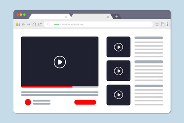 Video player in a flat style. Isolated vector web elements. Video player template for computer. Website template design. Mockup for web site design.