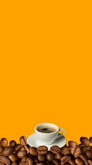 Cup with delicious, aromatic, black coffee, americano with fresh beans isolated on orange background. Flyer. Concept of popular drink, taste. Minimal design. Copy space for ad. Flyer