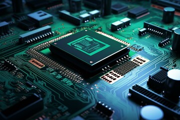 Cutting-edge tech: circuit board, CPU unit, cybernetic technology. Generative AI