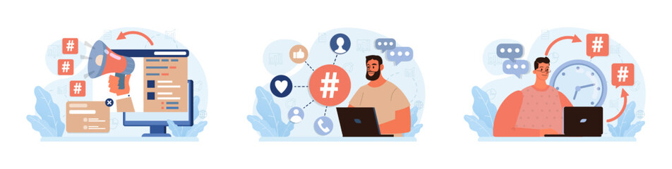 Hashtag set. Character using digital device for sending posts and sharing