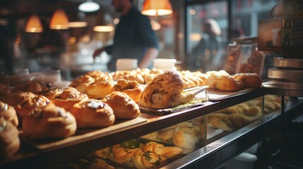 Rich golden pastry in a bustling city cafe with warm tones. generative AI