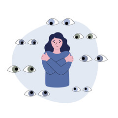 Woman suffering by paranoia. Person surrounded by eyes feeling overwhelmed and helpless. Vector illustration of mental disorder.