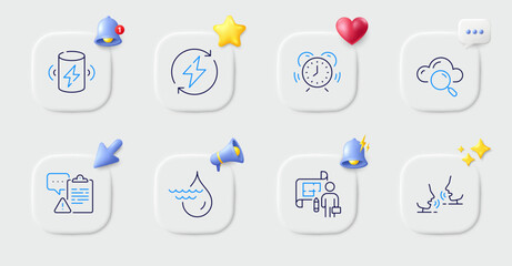 Cloud computing, Time management and Plan line icons. Buttons with 3d bell, chat speech, cursor. Pack of Clipboard, Charge battery, Renewable power icon. Talk, Hydroelectricity pictogram. Vector