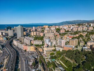 Fototapeta premium The drone aerial view of San Benigno, Genoa, Italy. San Benigno is a modern business district and services in the municipality of Genoa.