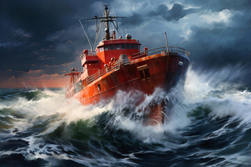 A cargo or fishing ship is caught in a severe storm. Ship at sea on big waves. The threat of shipwreck. Element in the ocean. The hard work of a sailor.