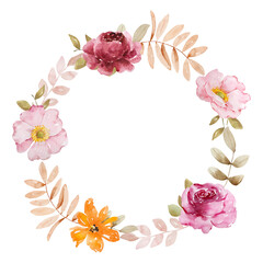 Watercolor pastel wreath with autumn flowers