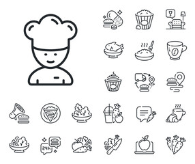 Sous-chef sign. Crepe, sweet popcorn and salad outline icons. Cooking chef line icon. Food preparation symbol. Cooking chef line sign. Pasta spaghetti, fresh juice icon. Supply chain. Vector