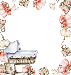 Toys frame, watercolor illustration for cards, backgrounds. Watercolor illustration for scrapbooking. Cartoon hand drawn background with toys for kids design. Perfect for wedding invitation.