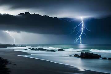 A dramatic lightning storm over a moonlit ocean,