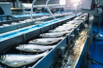 Obraz premium Fish processing plant. Production Line. Raw sea fish on a factory conveyor. Production of canned fish. modern food industry.