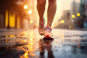 A close -up of a runner running while splash the water in the puddle after the rain. The background of the beautiful sunshine shining. Hobbies and sports lifestyle concepts.