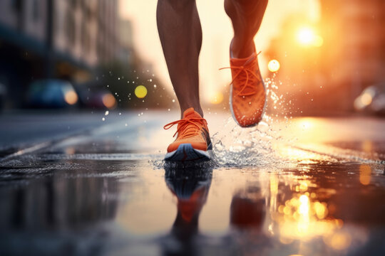 A close -up of a runner running while splash the water in the puddle after the rain. The background of the beautiful sunshine shining. Hobbies and sports lifestyle concepts.