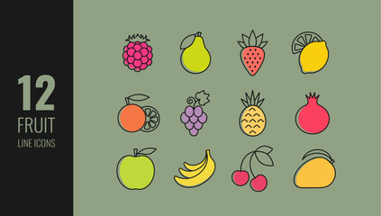 Set of colored icons fruits and berries in outline style. Contains icons such as strawberry, orange, lemon, grape, cherry, raspberry, mango, pear, pomegranate, banana, pineapple, apple.