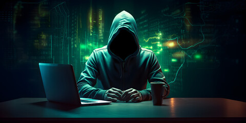 Hacker with computer laptop. Concept of cybercrime, cyberattack, dark web.