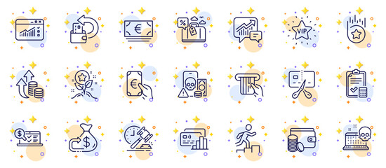 Outline set of Loyalty star, Auction hammer and Cyber attack line icons for web app. Include Accounting checklist, Card, Online accounting pictogram icons. Travel loan, Euro currency. Vector
