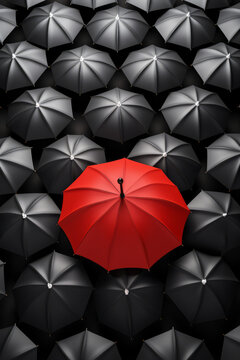 Red umbrella stand out from the crowd of many black and white umbrellas. Business, leader concept, being different concepts