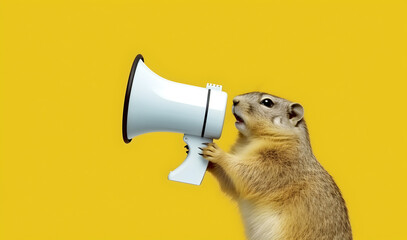 Woodchuck announcing using hand speaker. Notifying, warning, announcer