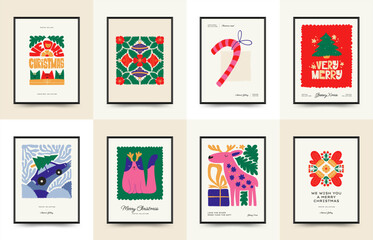 Merry Christmas and Happy New Year vertical flyer or poster template. Modern trendy Matisse minimal style. Hand drawn design for wallpaper, wall decor, print, postcard, cover, template, banner.