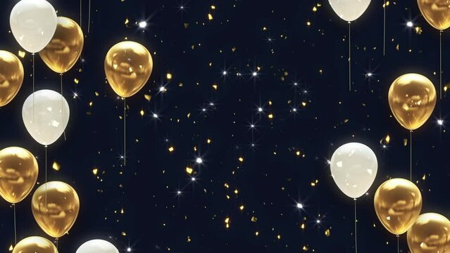 Background of golden confetti falling on white and gold balloons created with CG