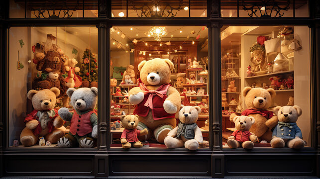 In the vintage toy shop's window, you can see old teddy bears, tin toys, and wooden blocks on display.