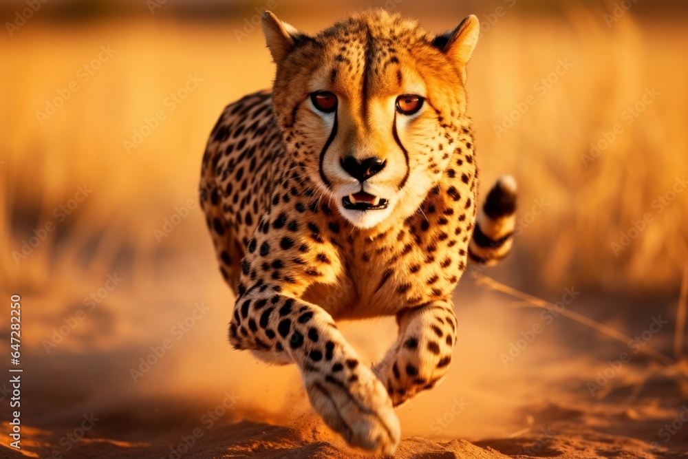 Poster a cheetah running across a dry grass field. suitable for wildlife and nature themes.