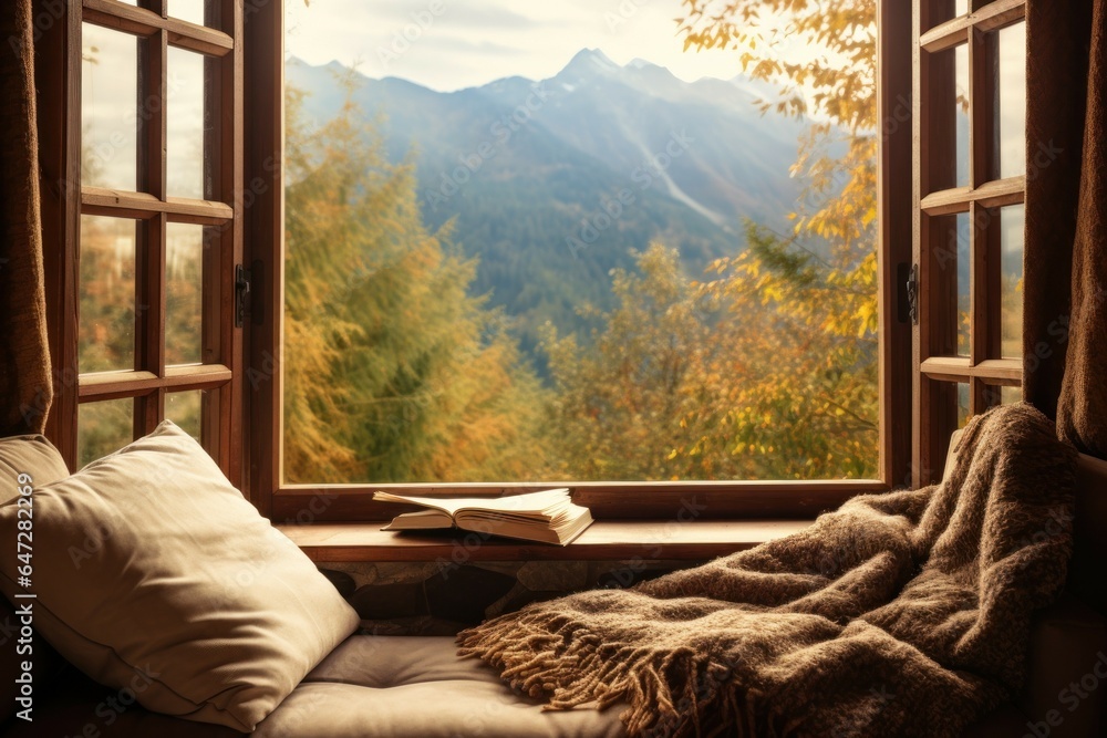 Poster An open window with a book and a blanket placed on it. This image can be used to depict relaxation, cozy reading nooks, or a peaceful ambiance.