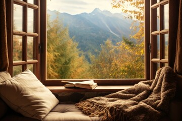 An open window with a book and a blanket placed on it. This image can be used to depict relaxation,...
