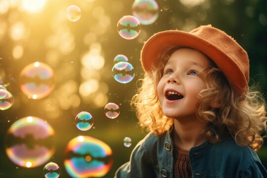 A charming image of a little girl wearing a hat and happily blowing bubbles. Perfect for capturing the innocence and joy of childhood. Ideal for use in children's books, advertisements, and family-ori