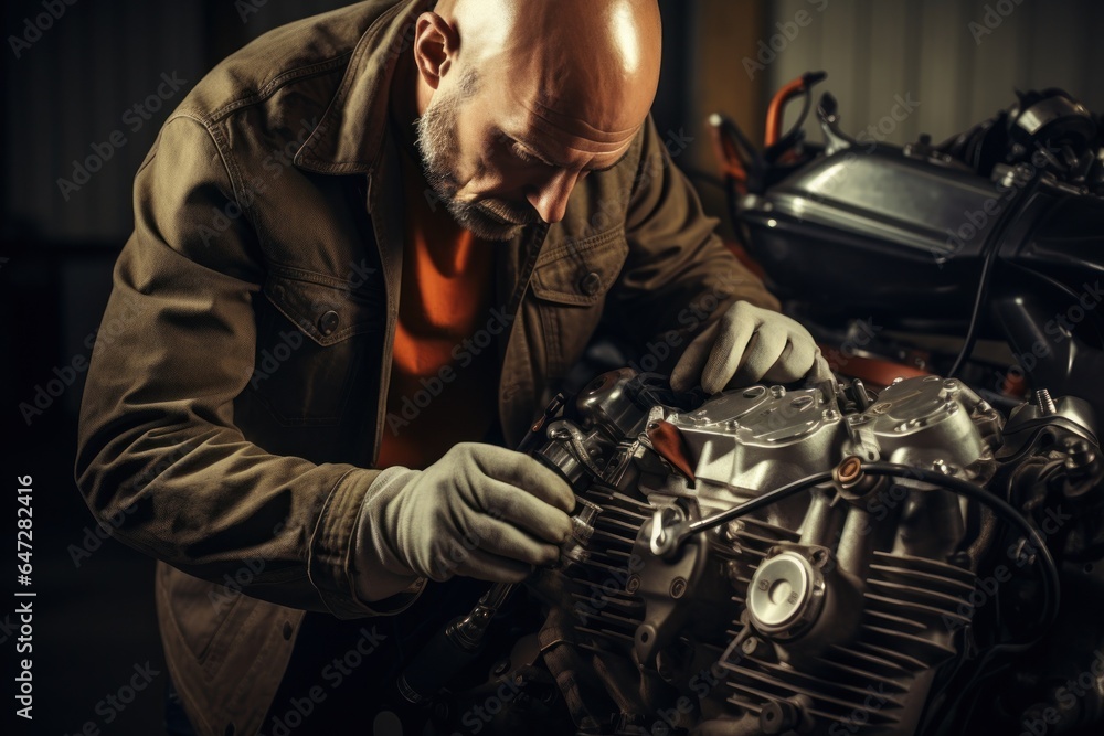 Poster a man is seen working on a motorcycle in a garage. this image can be used to depict motorcycle maint