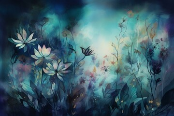 Fototapeta na wymiar Blue floral artwork in a dreamlike style. Generative AI