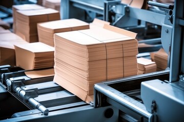 Elements of corton boxes are collected in stack. Conveyor line for the production of boxes. Machine cuts cardboard boxes from sheets of cardboard. Enterprise for the production, Generative AI - obrazy, fototapety, plakaty