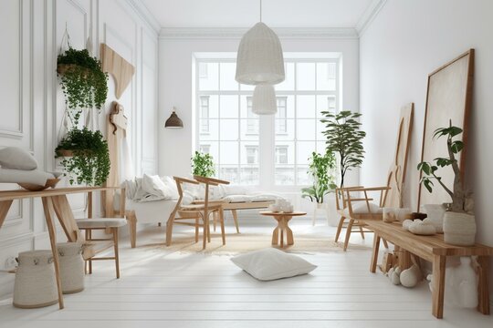 Scandinavian-inspired white room with natural wooden furniture, exuding a bohemian aesthetic, depicted through a 3D render. Generative AI