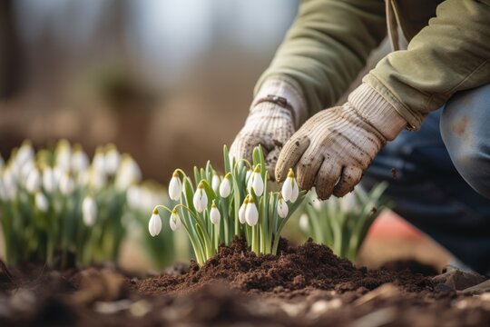 A person wearing gloves is planting snowdrops. This image can be used to showcase gardening, springtime activities, or the beauty of nature.