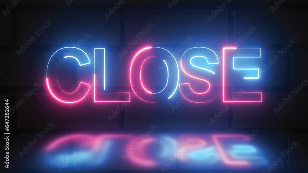 Wall mural bright neon text close web banner. neon text close isolated on bricks background