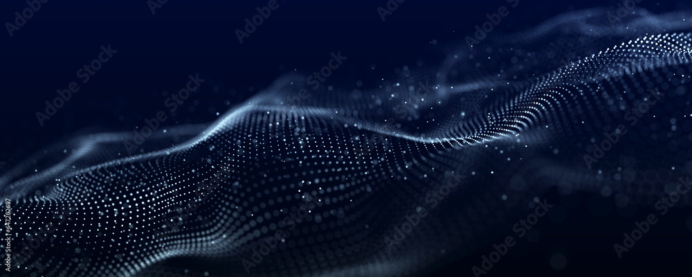 Poster futuristic wave of dots with moving particles. abstract technology background. 3d visualization of b