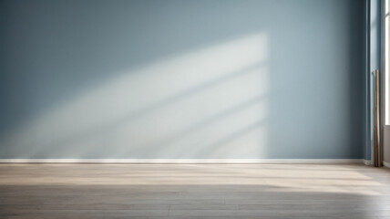 Empty wall and wooden floor with interesting glow from the window. Interior background, pastel colors, light blue. Mockup