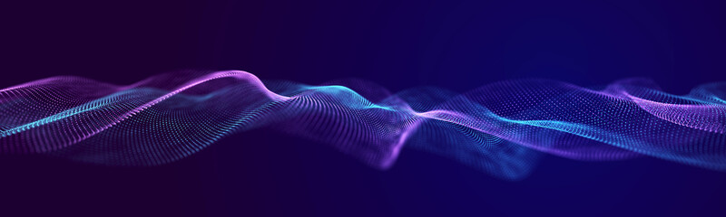 Futuristic wave of musical particles. Stream of running data. 3D rendering
