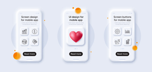 Naklejka na ściany i meble Journey, Deflation and Investment line icons pack. 3d phone mockups with heart. Glass smartphone screen. Execute, Calculator, Graph chart web icon. Targeting, Info pictogram. Vector
