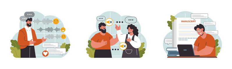 Verbal communication set. Public speaking, talking through a digital