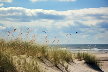 Seagull flying over the beach.	