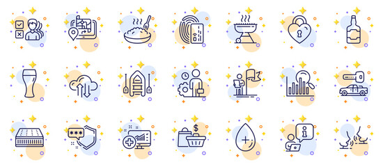 Outline set of Boat, Employee and Opinion line icons for web app. Include Gps, Shield, Porridge pictogram icons. Mattress, Medical analytics, Search signs. Grill, Cloud sync, Sale bags. Vector