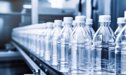 Bottle. Industrial production of plastic pet bottles. Factory line for manufacturing polyethylene bottles. Transparent food packaging, Generative AI - obrazy, fototapety, plakaty