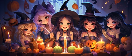 Magic enchanted cute cartoon magic witches wearing hats in Happy Halloween spooky scary fantasy fall scene party night background. Haloween party invitation backdrop.