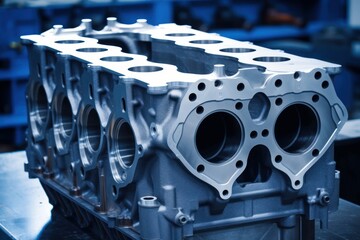 cylinder block of diesel engine repair.  Close-up of the cylinder block in blue tone.  Car engine cylinder heads. Industry car service concept, Generative AI - obrazy, fototapety, plakaty
