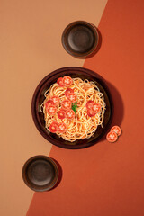Delicious pasta with tomatoes top view