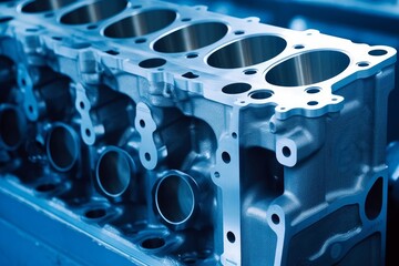 cylinder block of diesel engine repair.  Close-up of the cylinder block in blue tone.  Car engine cylinder heads. Industry car service concept, Generative AI - obrazy, fototapety, plakaty