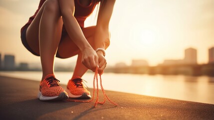 Close up of sporty woman tying shoelace while kneeling outdoor, In background bridge. Fitness outdoors concept - obrazy, fototapety, plakaty