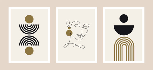 retro mid century modern poster set, boho vector illustration, minimalist design with abstract woman, geometric shapes and line art elements, A3 prints and backgrounds © Yana